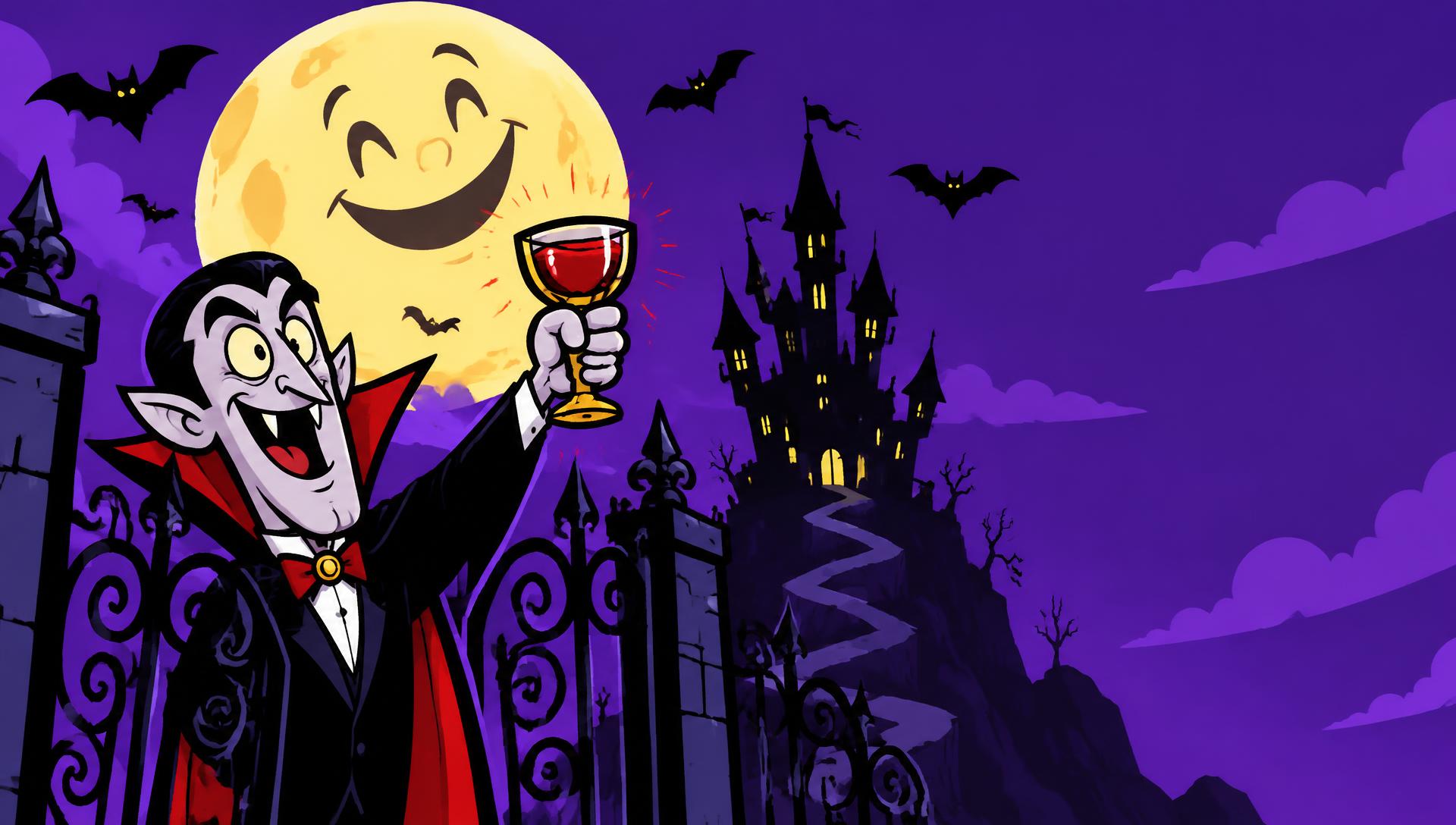 The vampire at the iron gate under a giant moon