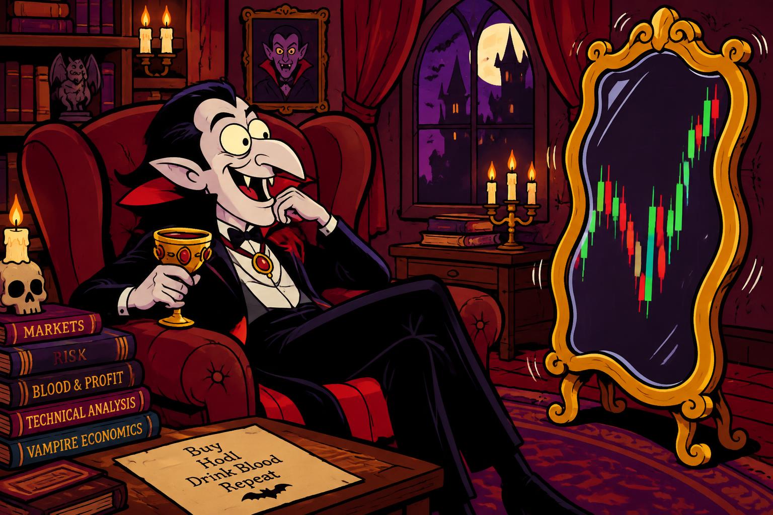 The vampire watching candlestick charts in antique mirrors
